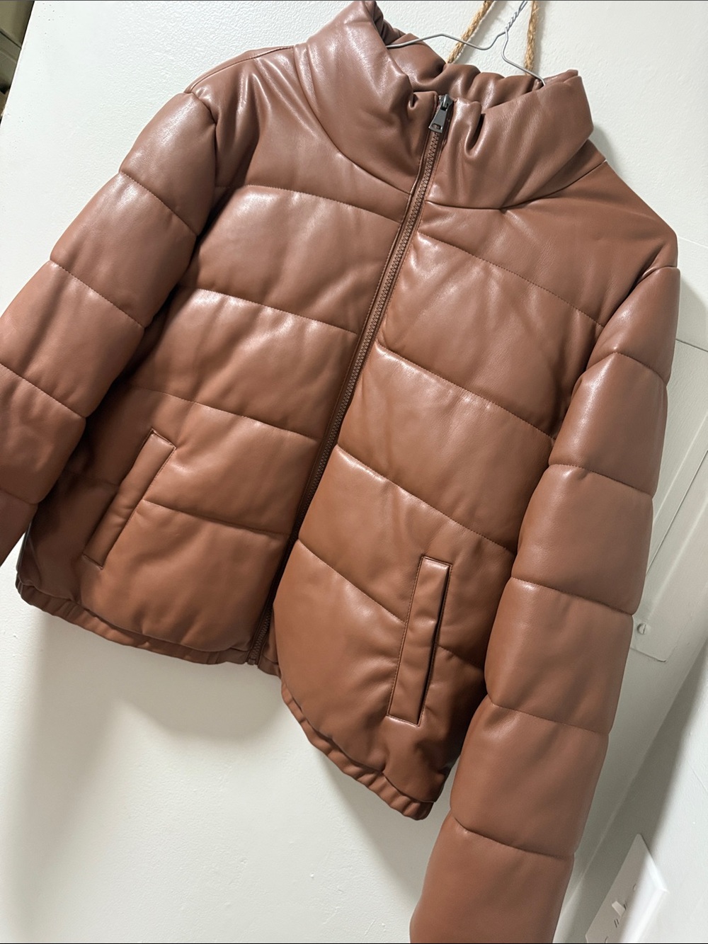 Sebby Brown Faux Leather women’s Puffer Jacket